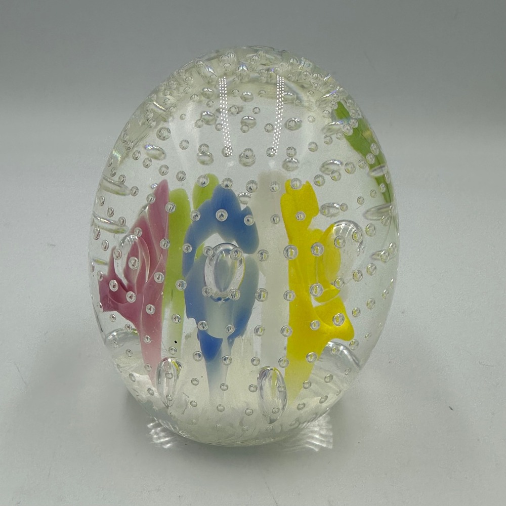 Joe Rice Art Glass Paperweight Egg Multi Color‎ Floral Controlled Bubble signed - Picture 4 of 10